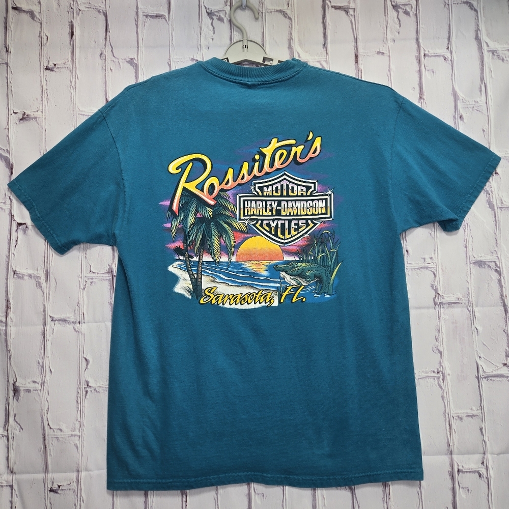 Vintage Harley-Davidson 1997 Graphic T-Shirt Mens Size XL Teal Blue Sarasota FL.